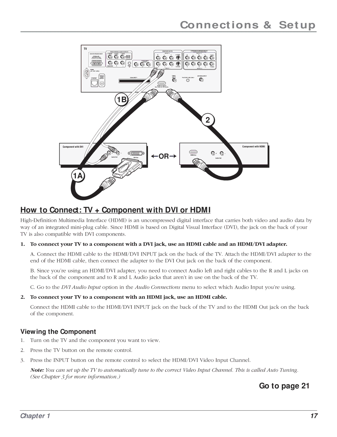 RCA HD61LPW164 manual How to Connect TV + Component with DVI or Hdmi, Viewing the Component 