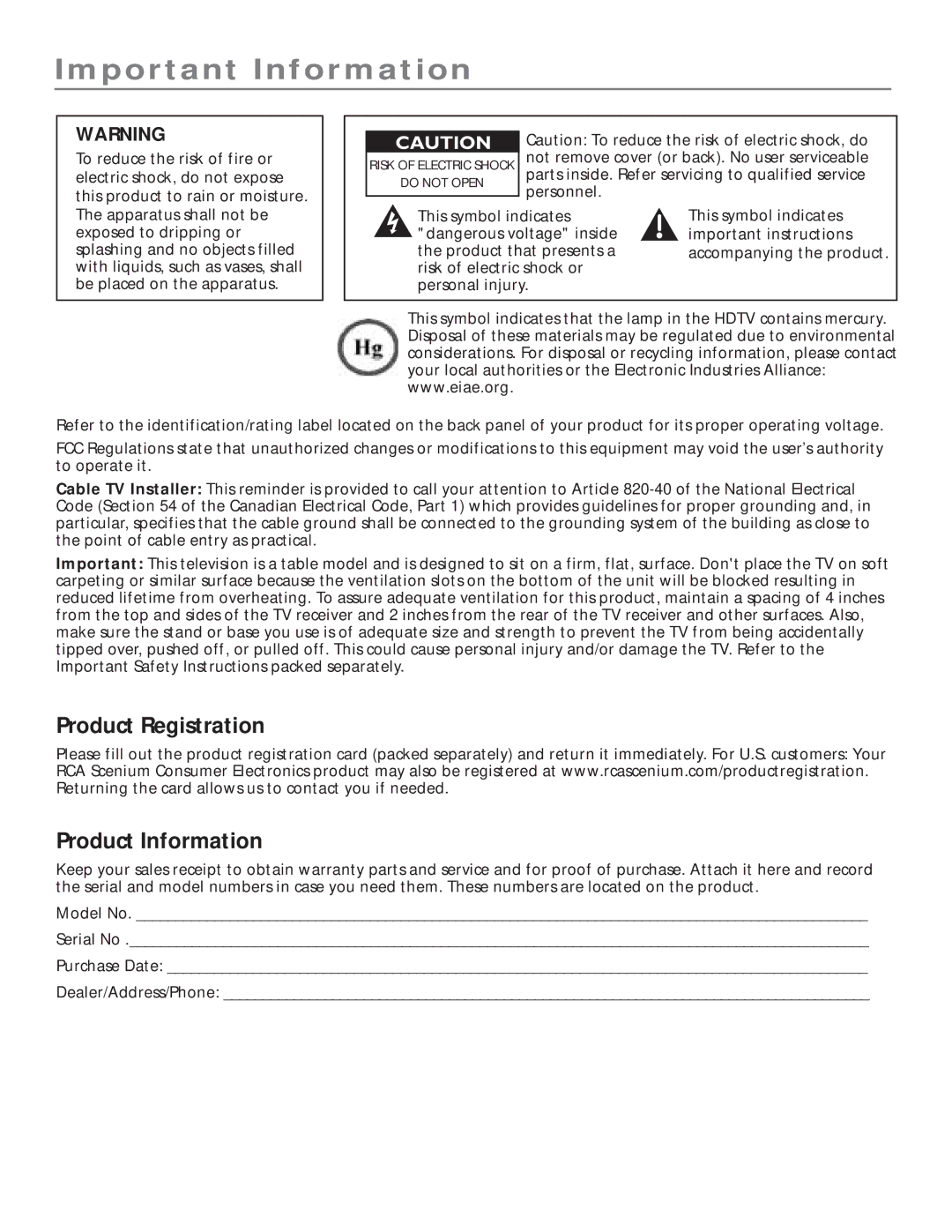 RCA HD61LPW164 manual Important Information, Product Registration Product Information 