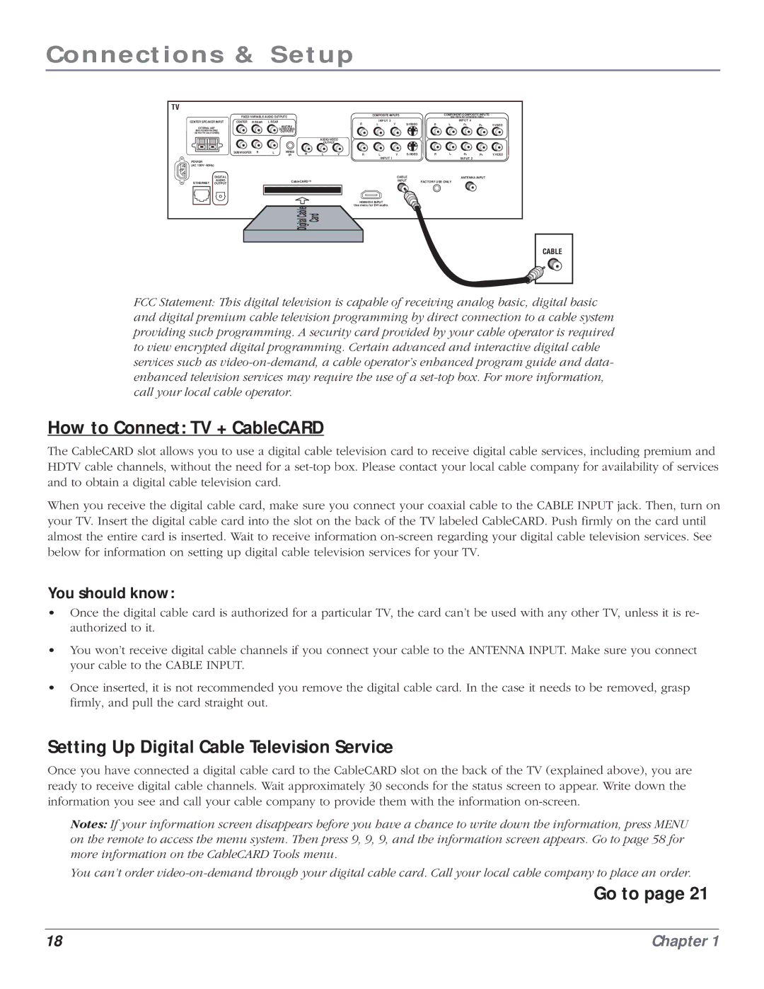 RCA HD61LPW164 manual How to Connect TV + CableCARD, Setting Up Digital Cable Television Service, You should know 