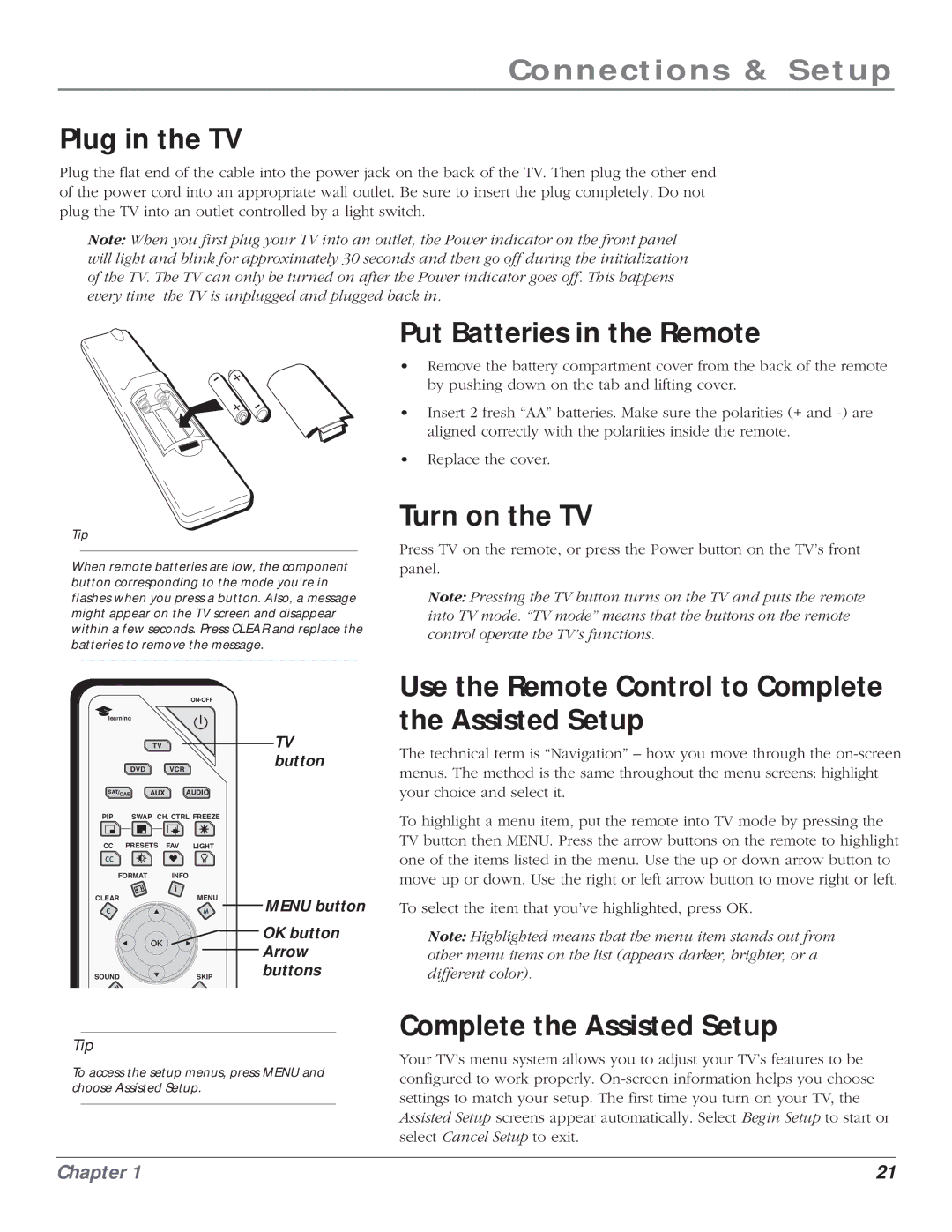 RCA HD61LPW164 manual Plug in the TV, Put Batteries in the Remote, Turn on the TV, Complete the Assisted Setup 