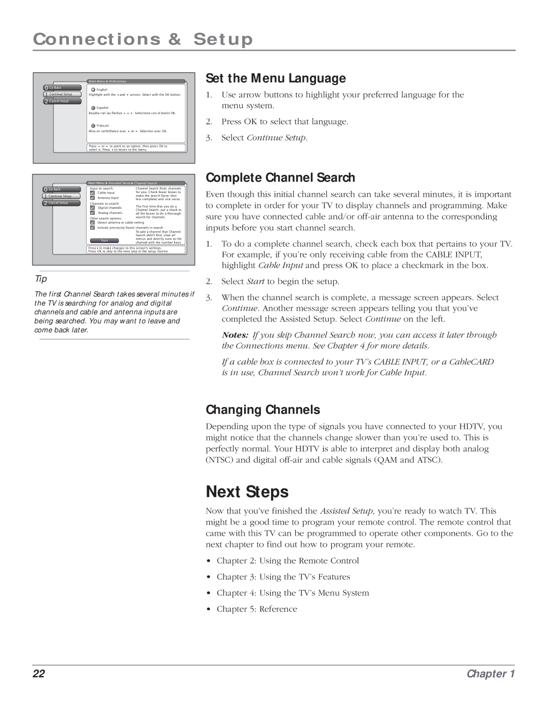 RCA HD61LPW164 manual Next Steps, Set the Menu Language, Complete Channel Search, Changing Channels 