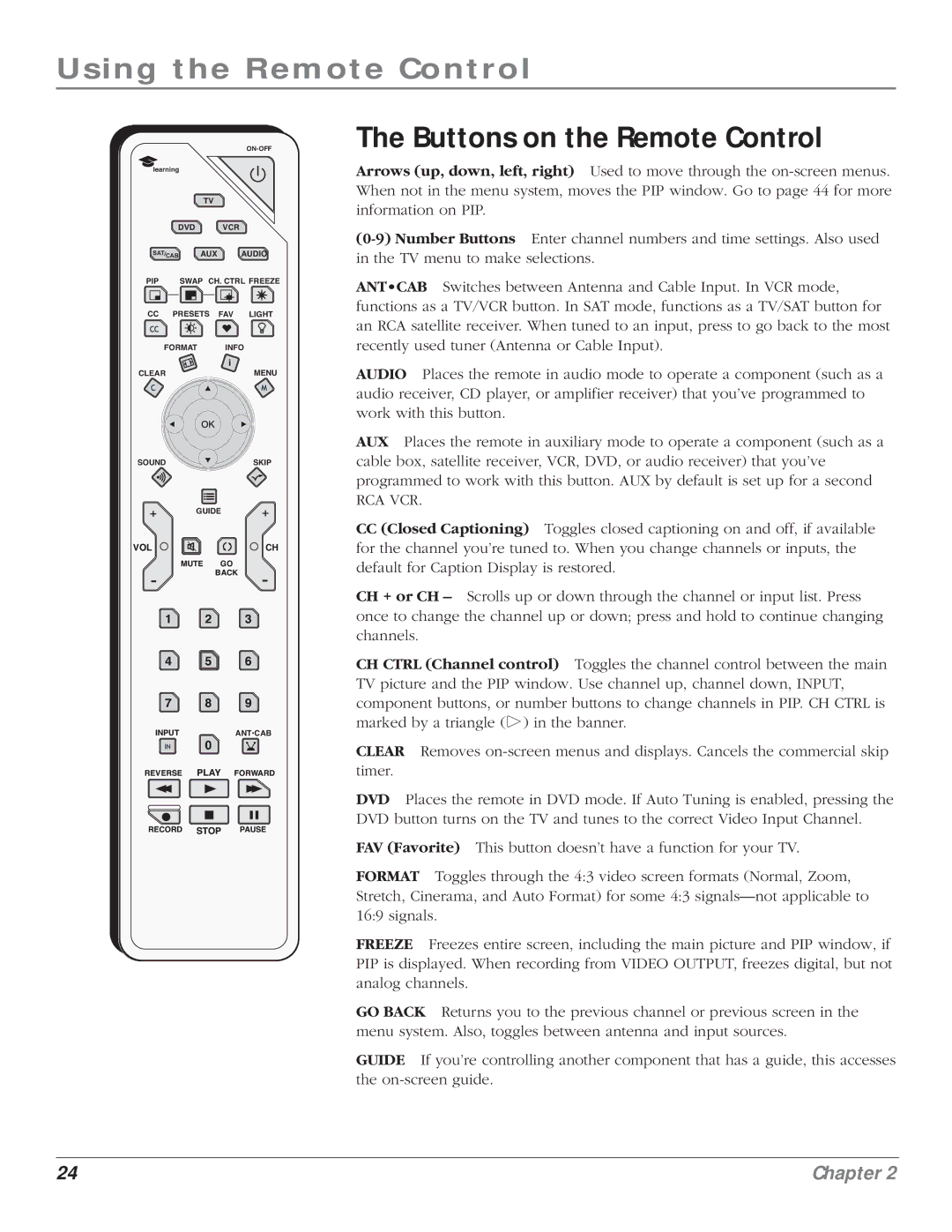 RCA HD61LPW164 manual Using the Remote Control, Buttons on the Remote Control 