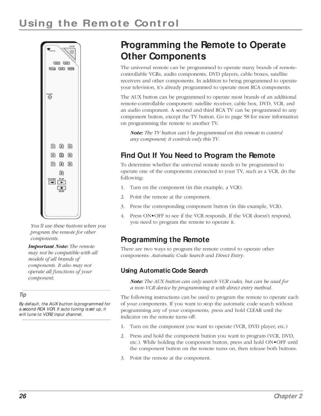 RCA HD61LPW164 manual Programming the Remote to Operate Other Components, Find Out If You Need to Program the Remote 