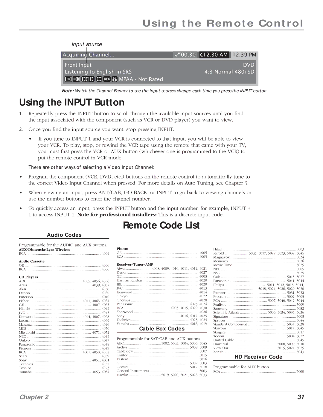 RCA HD61LPW164 manual Using the Input Button, Remote Code List, Audio Codes, Cable Box Codes, HD Receiver Code 