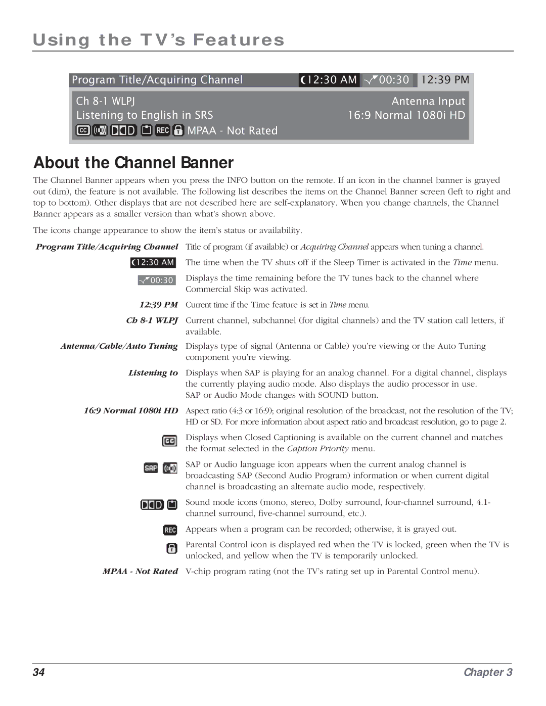 RCA HD61LPW164 manual Using the TV’s Features, About the Channel Banner 