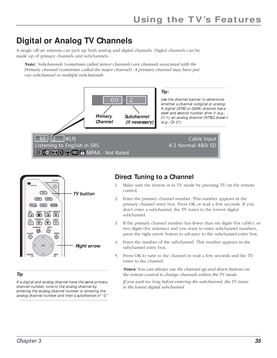 RCA HD61LPW164 manual Digital or Analog TV Channels, Direct Tuning to a Channel 