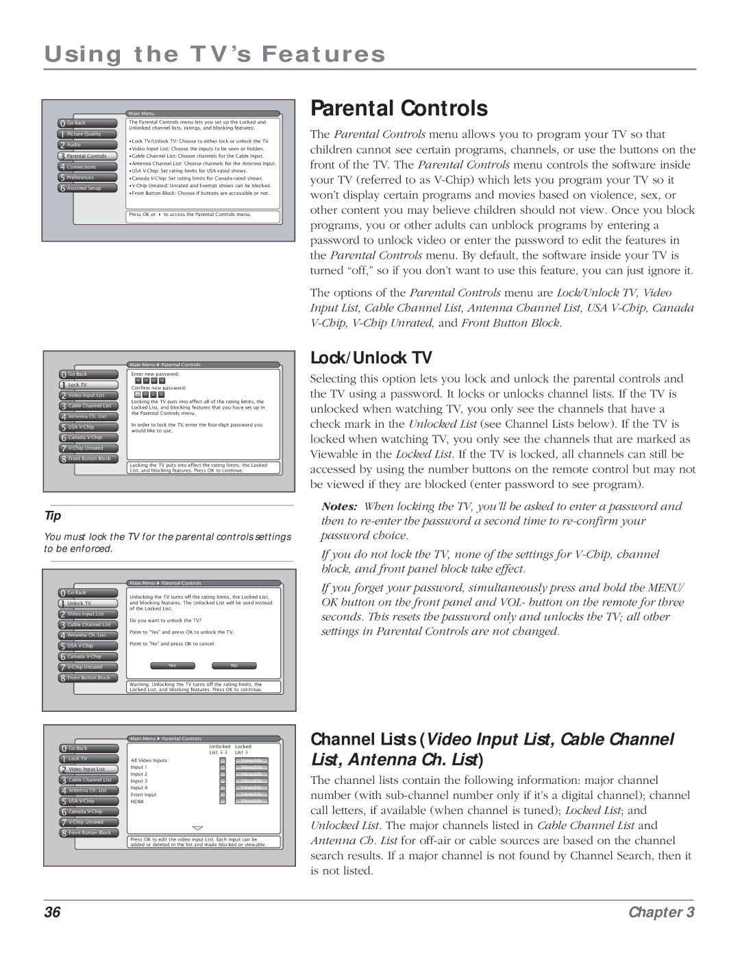 RCA HD61LPW164 manual Parental Controls, Lock/Unlock TV 