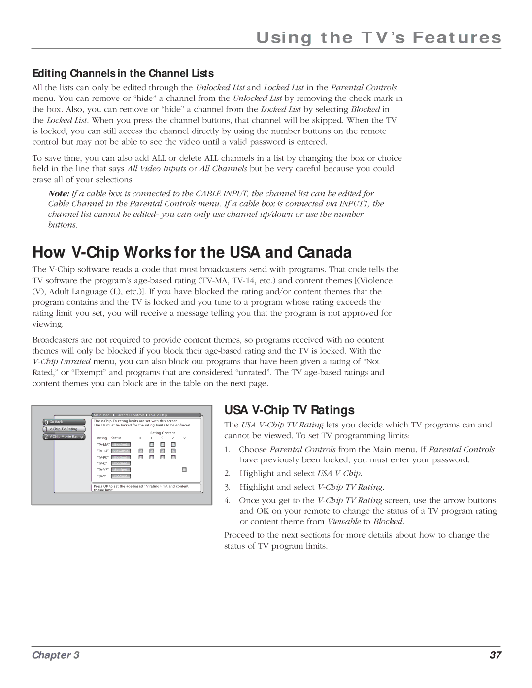 RCA HD61LPW164 manual How V-Chip Works for the USA and Canada, USA V-Chip TV Ratings, Editing Channels in the Channel Lists 