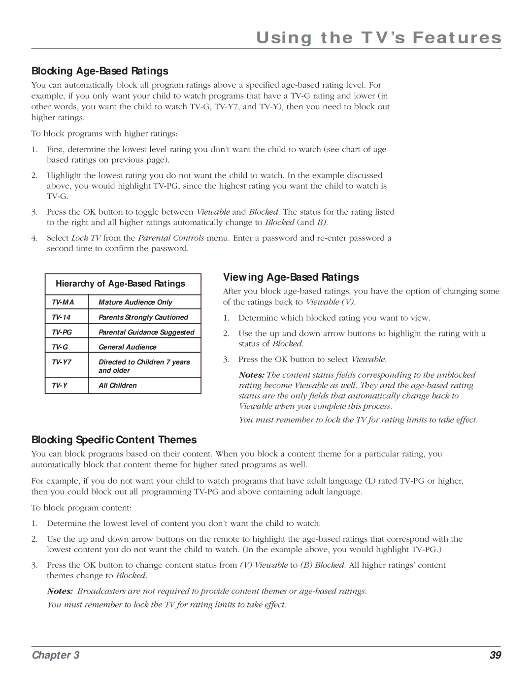 RCA HD61LPW164 manual Blocking Age-Based Ratings, Blocking Specific Content Themes Viewing Age-Based Ratings 