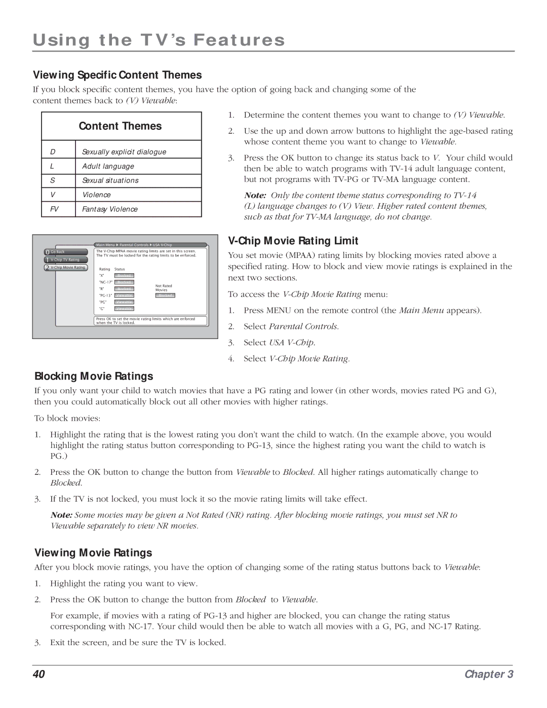 RCA HD61LPW164 Viewing Specific Content Themes, Chip Movie Rating Limit, Blocking Movie Ratings, Viewing Movie Ratings 