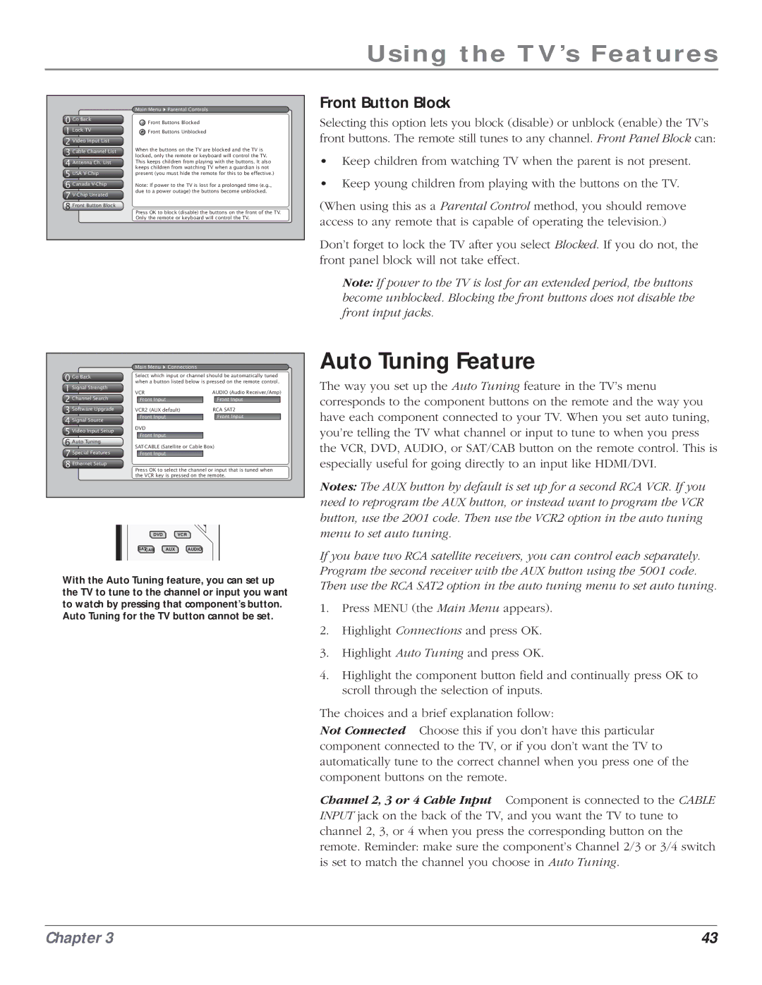 RCA HD61LPW164 manual Auto Tuning Feature, Front Button Block 