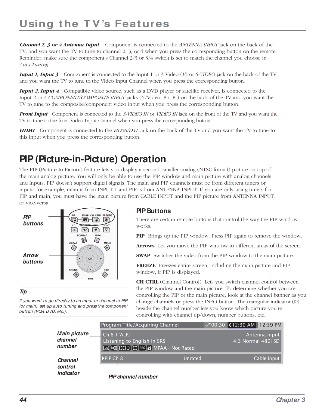 RCA HD61LPW164 manual PIP Picture-in-Picture Operation, PIP Buttons 