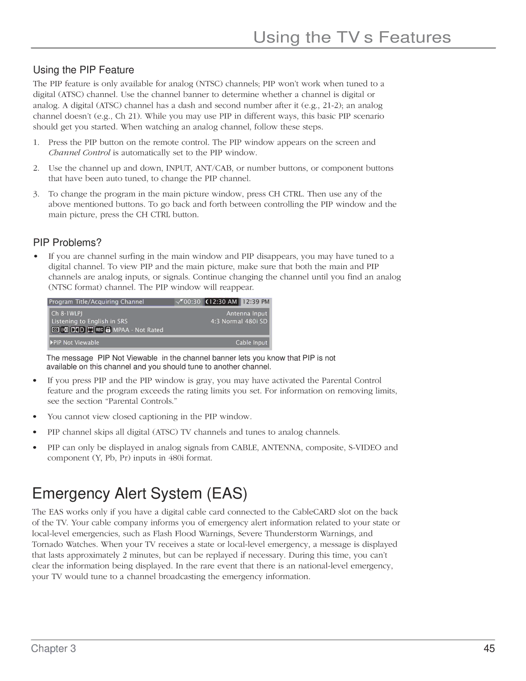 RCA HD61LPW164 manual Emergency Alert System EAS, Using the PIP Feature, PIP Problems? 