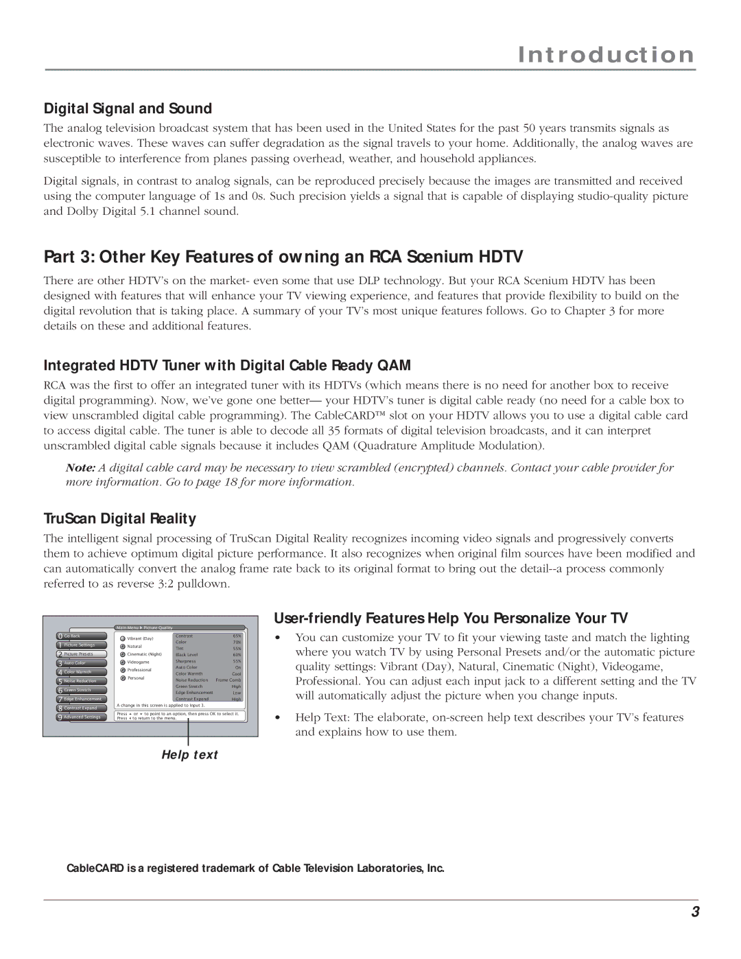 RCA HD61LPW164 Part 3 Other Key Features of owning an RCA Scenium Hdtv, Digital Signal and Sound, TruScan Digital Reality 