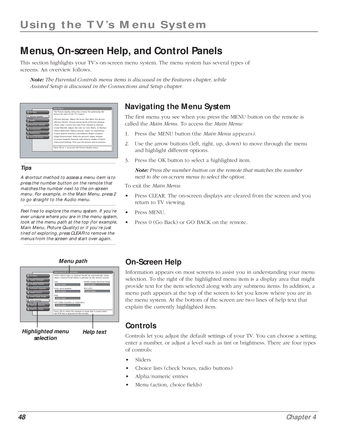 RCA HD61LPW164 Using the TV’s Menu System, Menus, On-screen Help, and Control Panels, Navigating the Menu System, Controls 