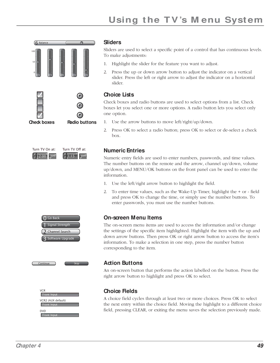 RCA HD61LPW164 manual Sliders, Choice Lists, Numeric Entries, On-screen Menu Items, Action Buttons, Choice Fields 