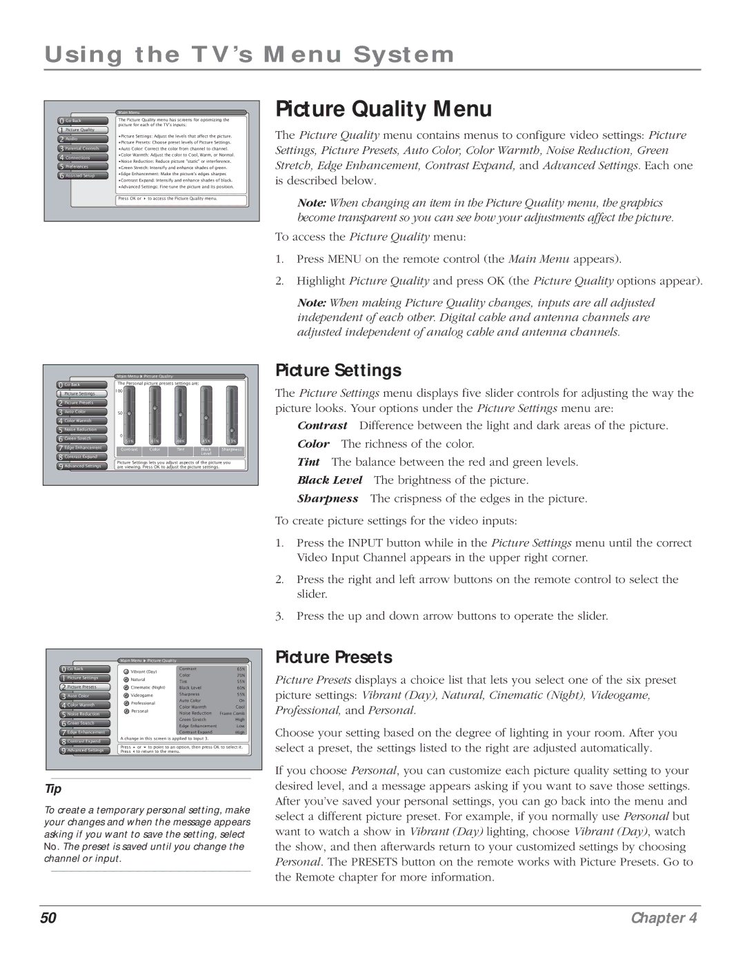 RCA HD61LPW164 manual Picture Quality Menu, Picture Settings, Picture Presets 