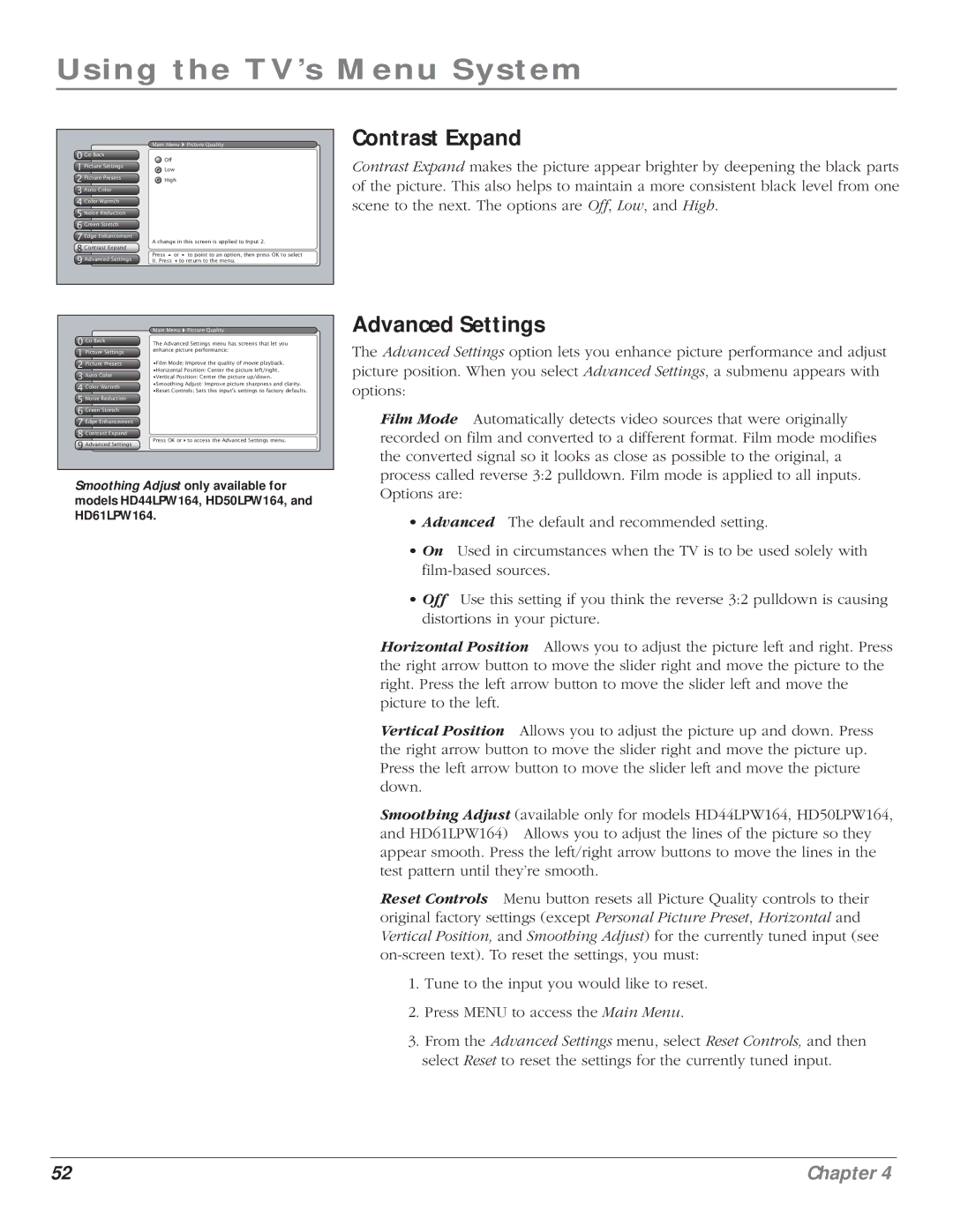 RCA HD61LPW164 manual Contrast Expand, Advanced Settings Main Menu Picture Quality 