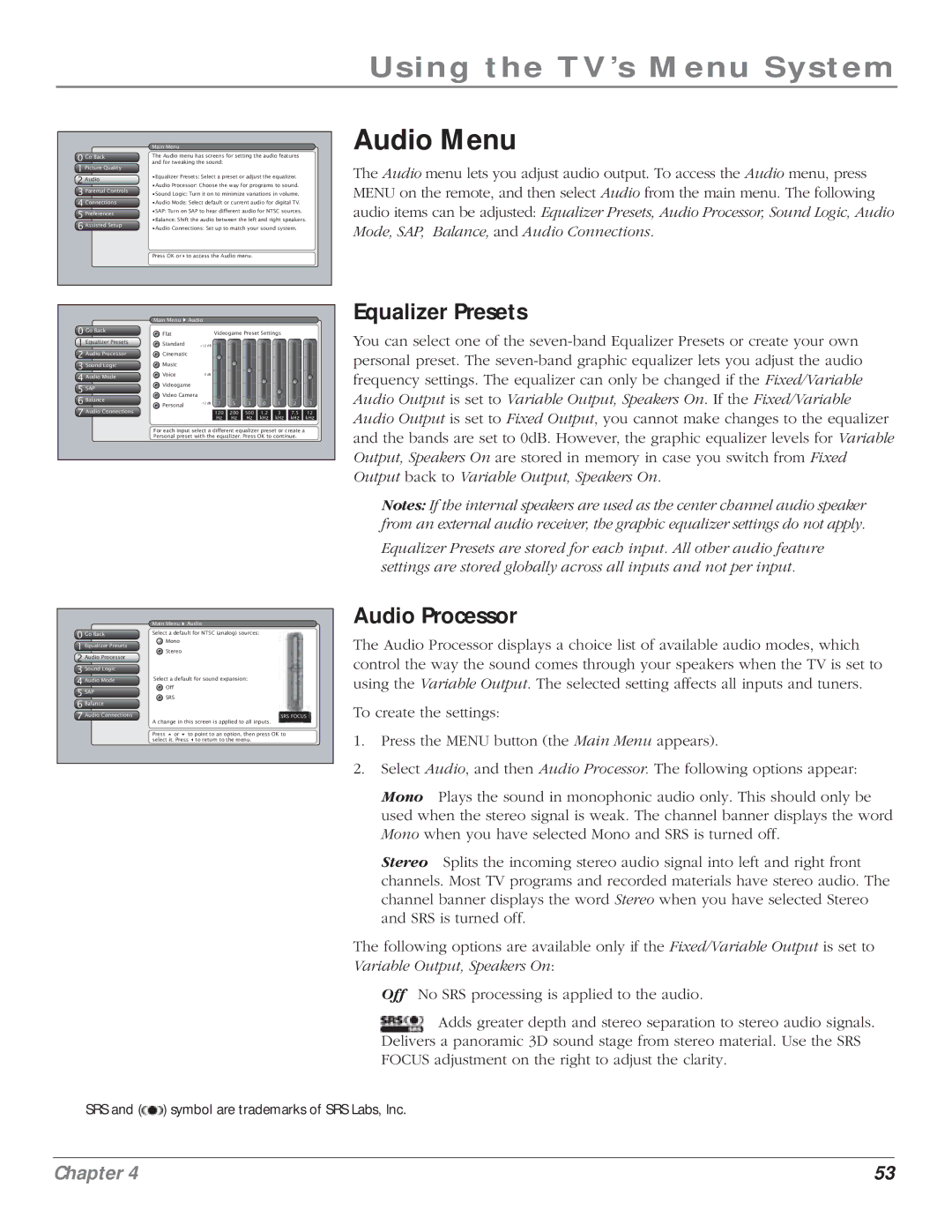 RCA HD61LPW164 manual Audio Menu, Equalizer Presets, Audio Processor 