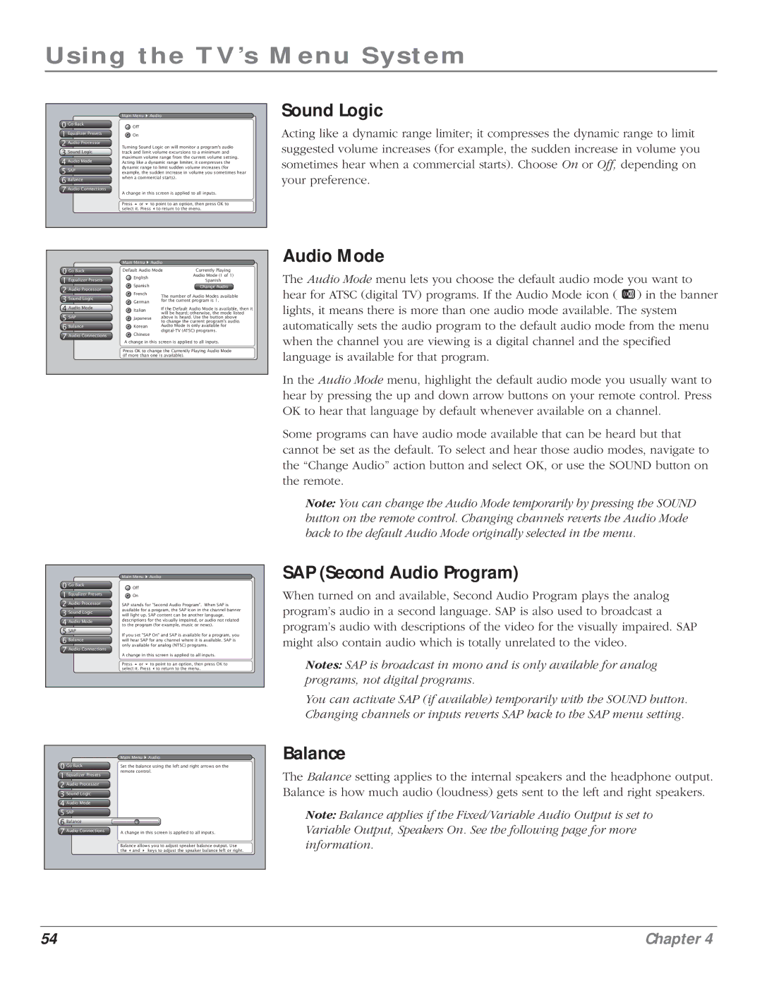 RCA HD61LPW164 manual Sound Logic, Audio Mode, SAP Second Audio Program, Balance 