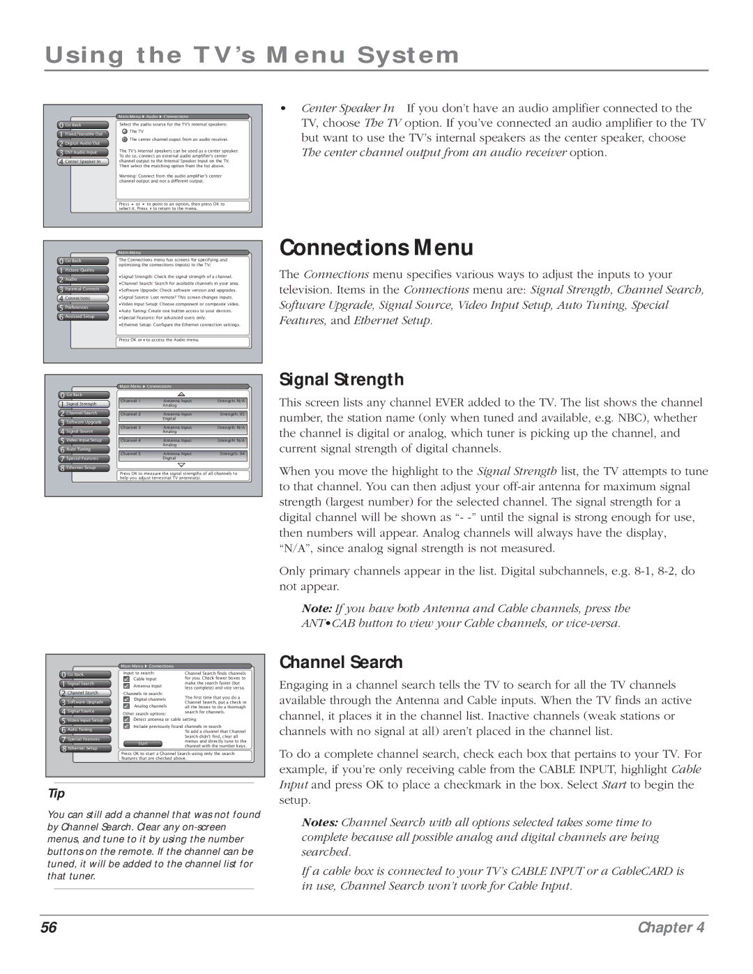 RCA HD61LPW164 manual Connections Menu, Signal Strength, Channel Search 