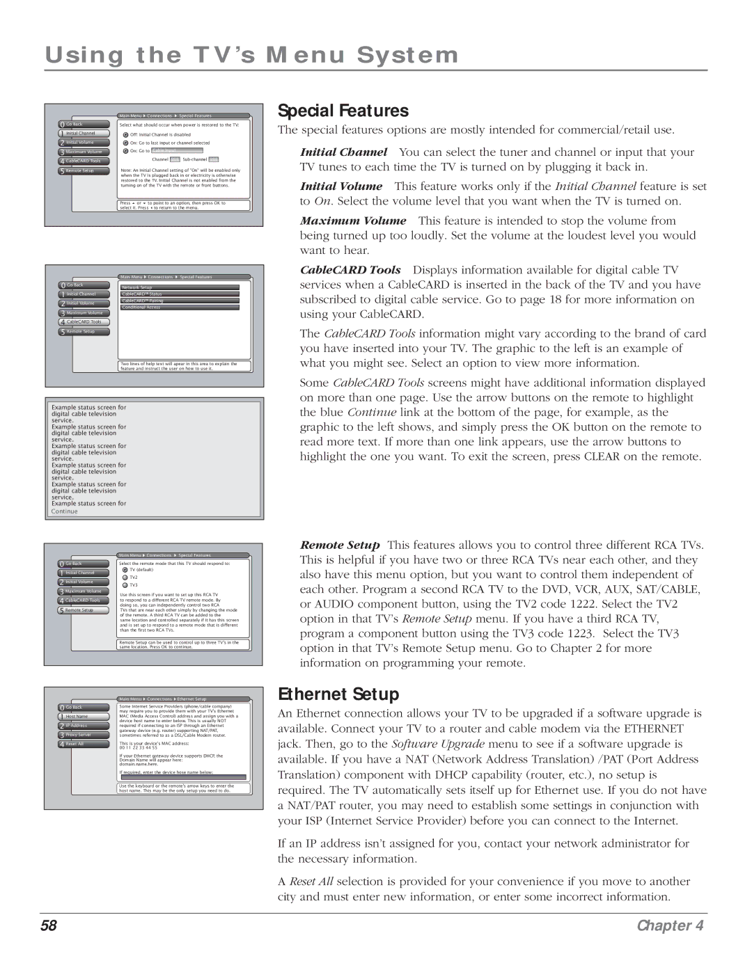RCA HD61LPW164 manual Special Features, Ethernet Setup, Initial Volume Maximum Volume CableCARD Tools 