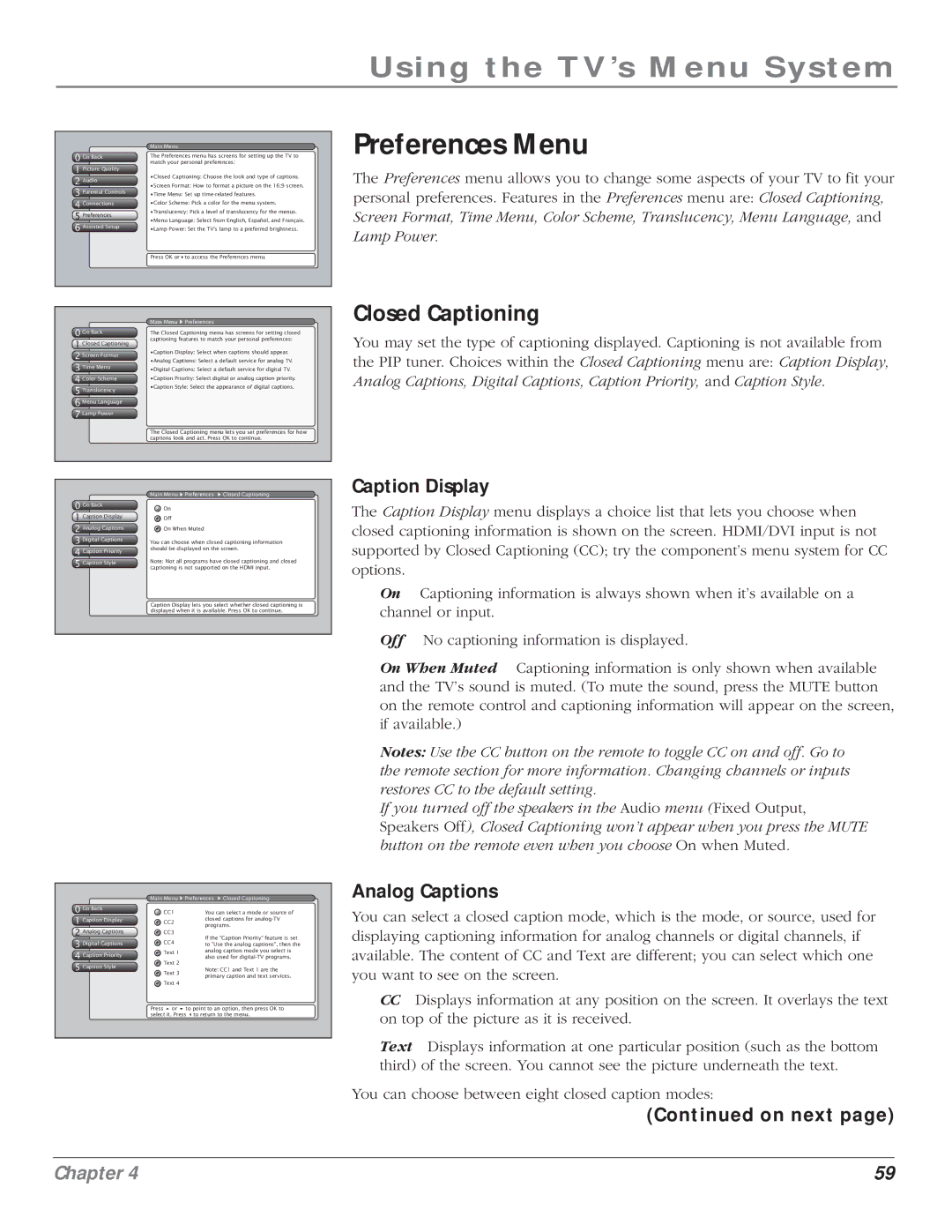 RCA HD61LPW164 manual Preferences Menu, Closed Captioning, Caption Display, Analog Captions, On next 