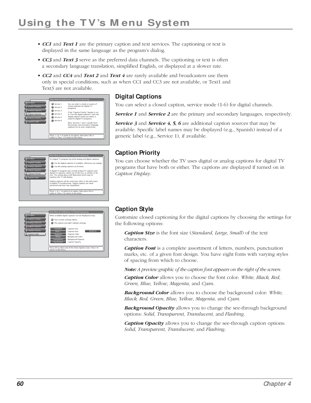 RCA HD61LPW164 manual Digital Captions, Caption Priority, Caption Style 