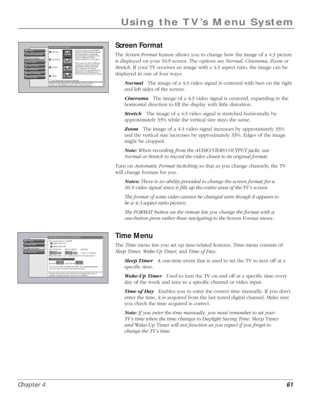 RCA HD61LPW164 manual Screen Format, Time Menu 