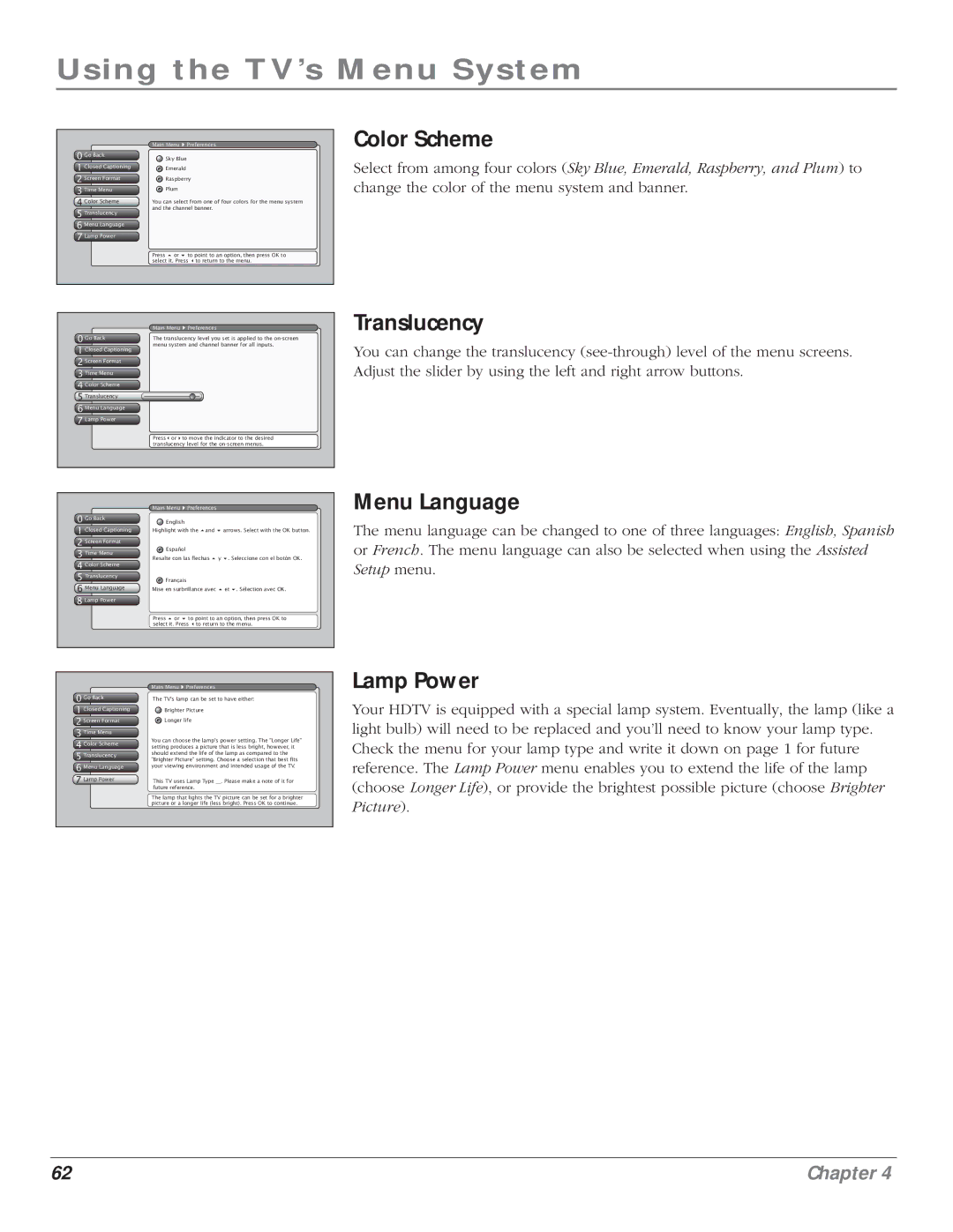 RCA HD61LPW164 manual Color Scheme, Translucency, Menu Language, Lamp Power 