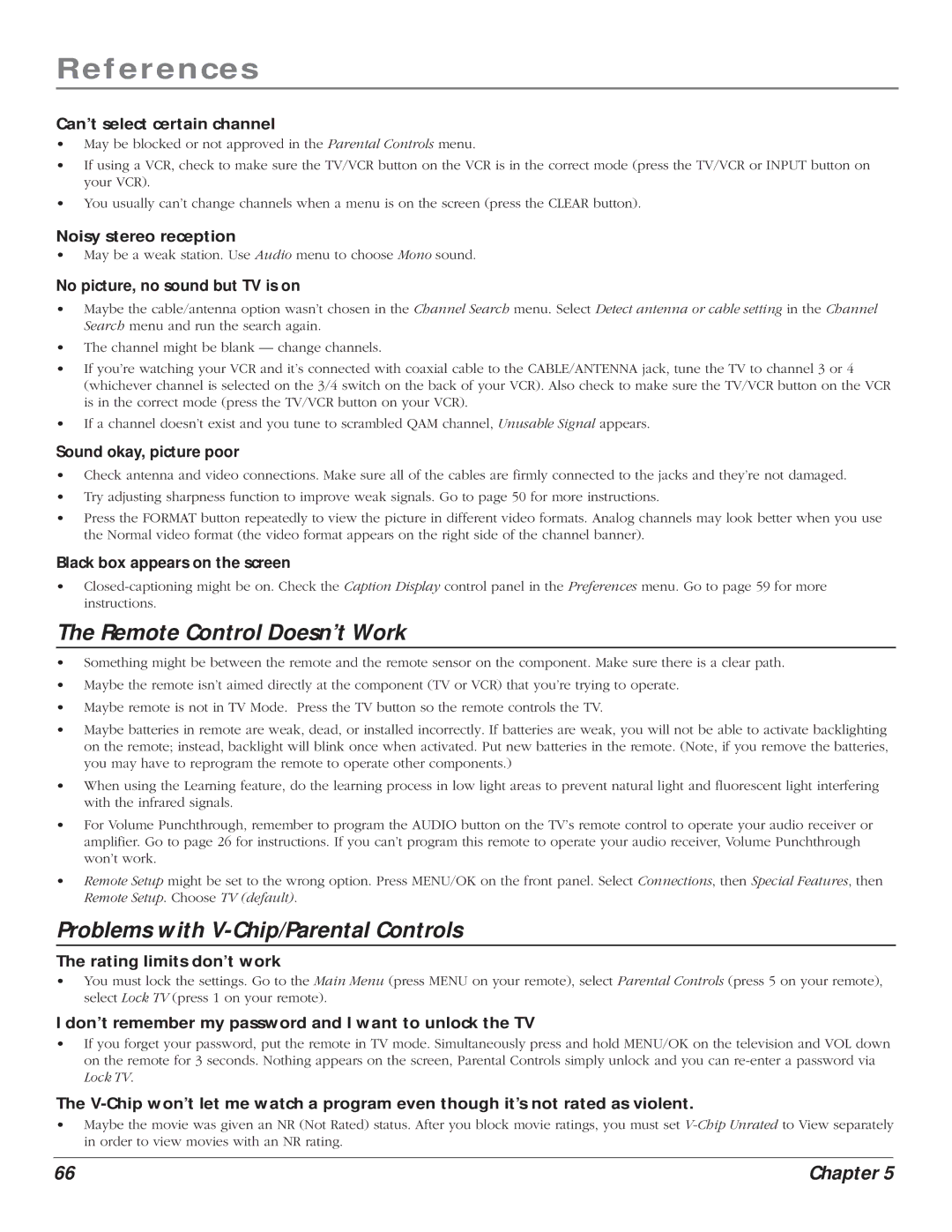 RCA HD61LPW164 manual Can’t select certain channel, Noisy stereo reception, No picture, no sound but TV is on 
