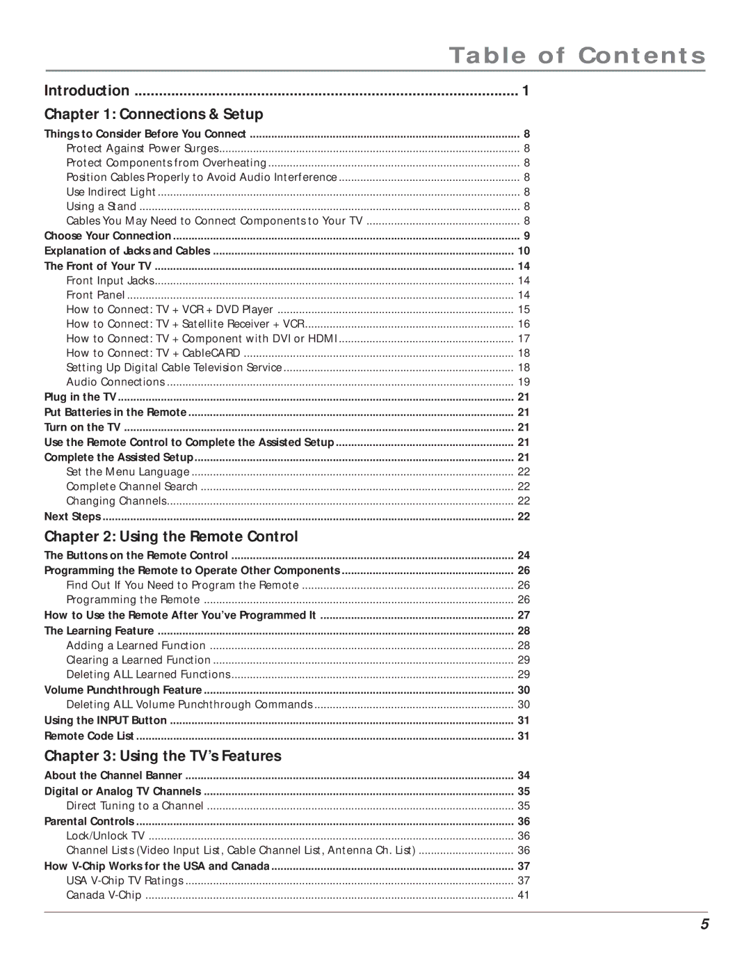 RCA HD61LPW164 manual Table of Contents 