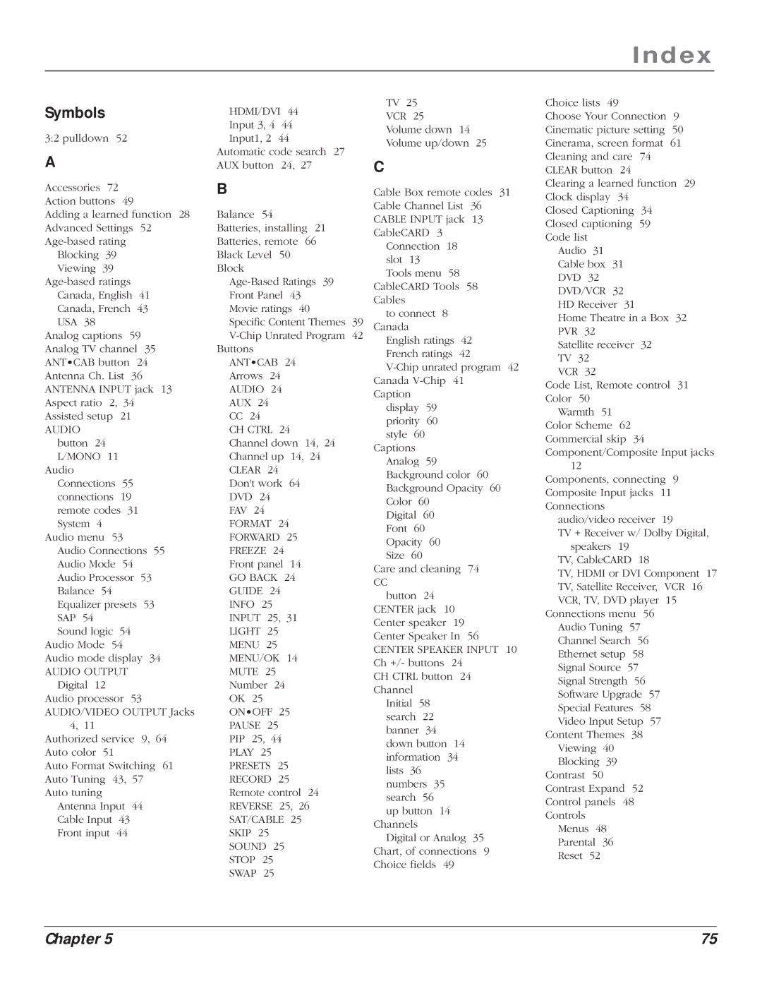 RCA HD61LPW164 manual Index, Symbols 