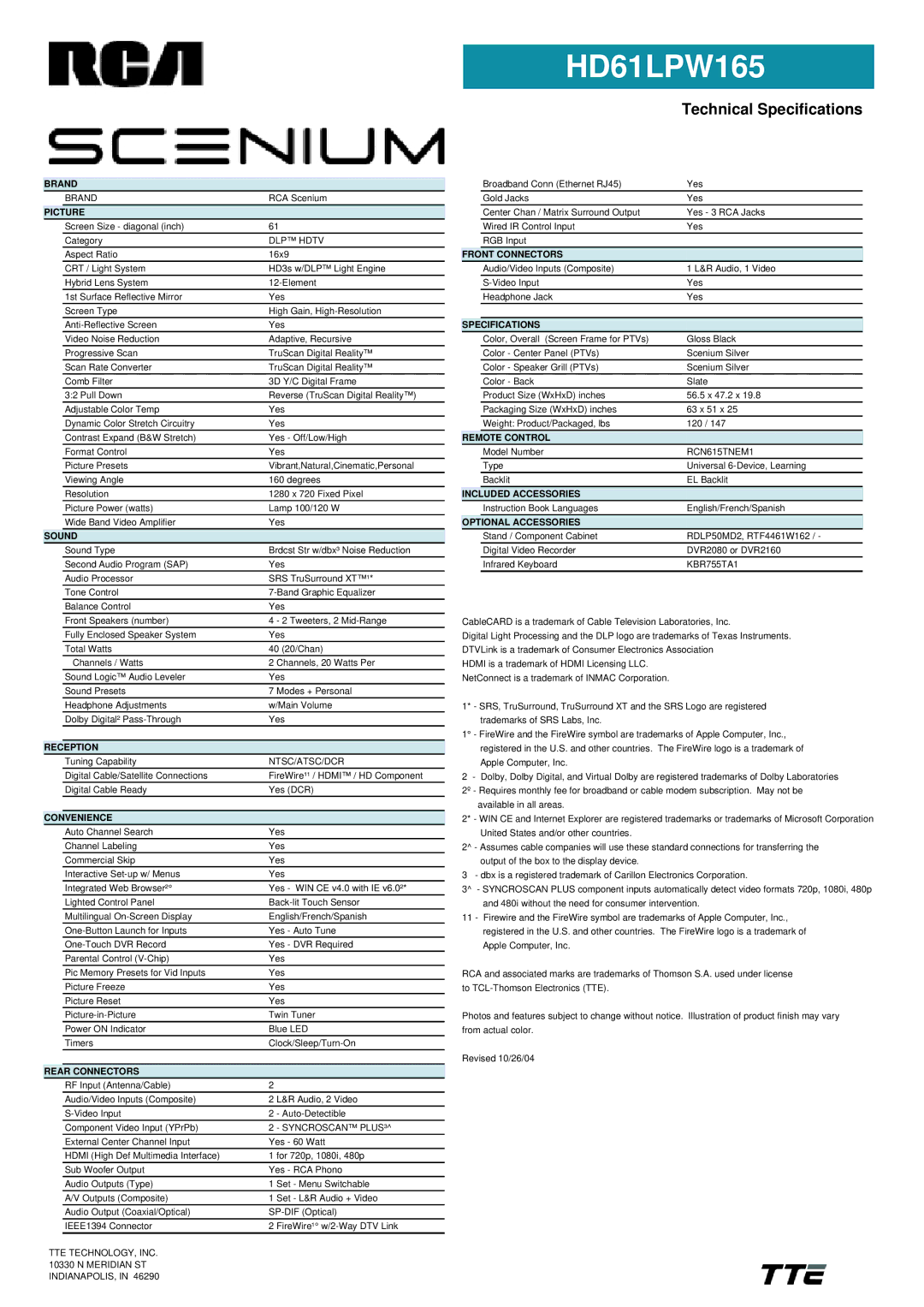 RCA HD61LPW165 manual Brand, Picture, Sound, Reception, Convenience, Rear Connectors, Front Connectors, Specifications 