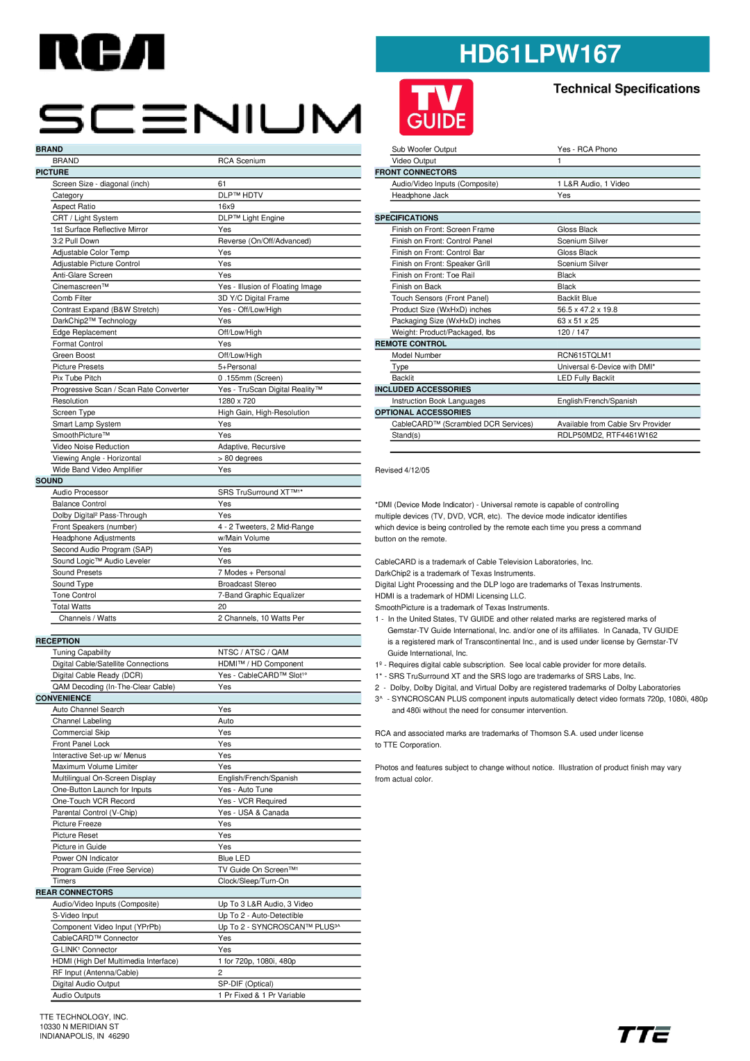 RCA HD61LPW167 manual Brand, Picture, Sound, Reception, Convenience, Rear Connectors, Front Connectors, Specifications 