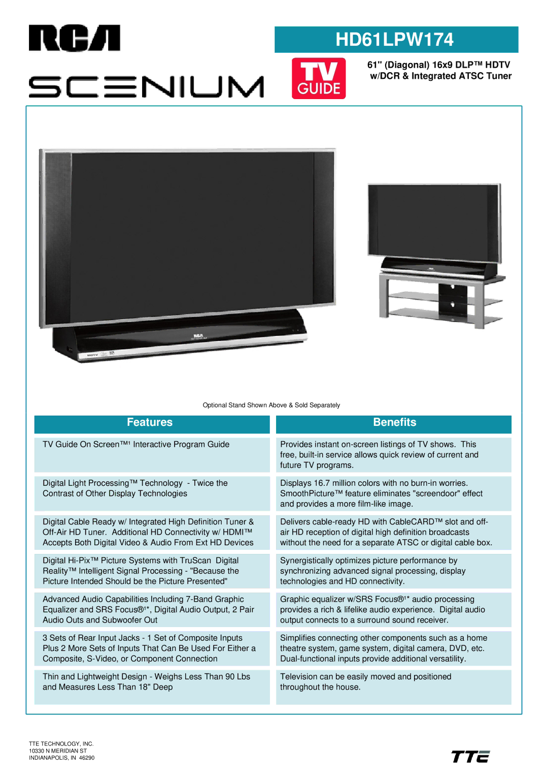 RCA HD61LPW174 manual Features, Benefits, TTE TECHNOLOGY, INC N Meridian ST INDIANAPOLIS 