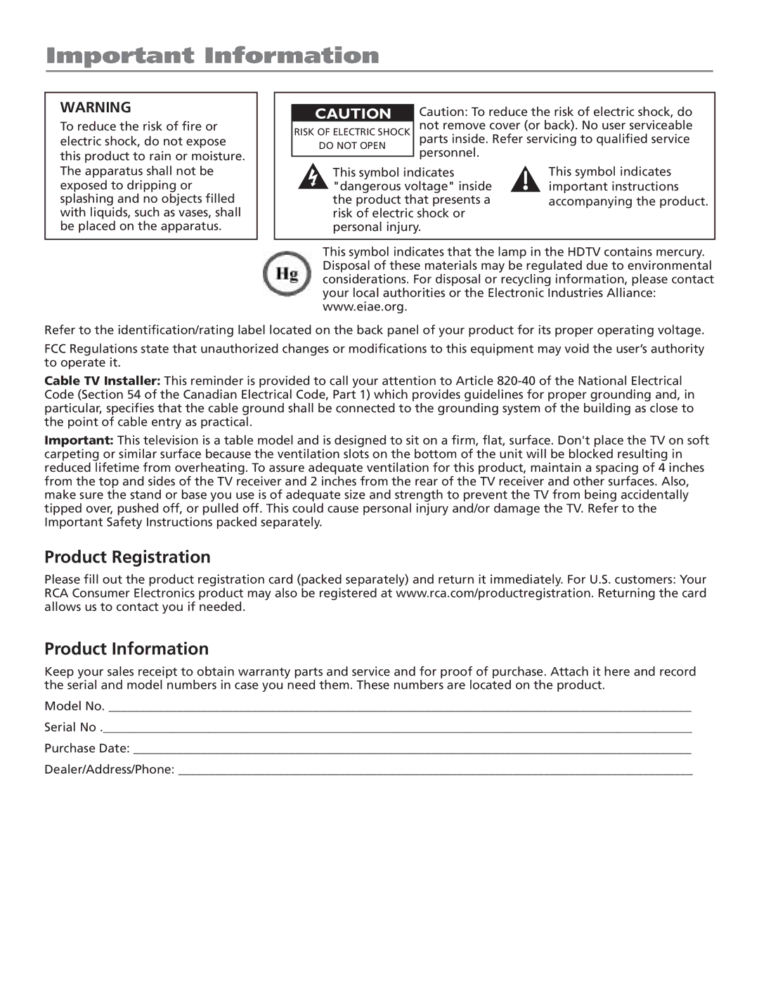 RCA HD61LPW52 manual Important Information, Product Registration Product Information 