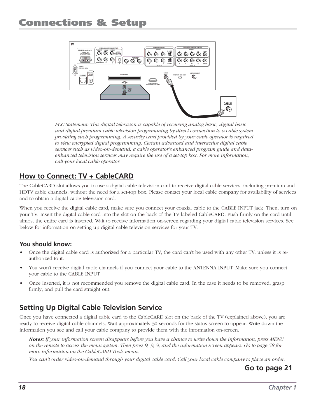 RCA HD61LPW52 manual How to Connect TV + CableCARD, Setting Up Digital Cable Television Service, You should know 