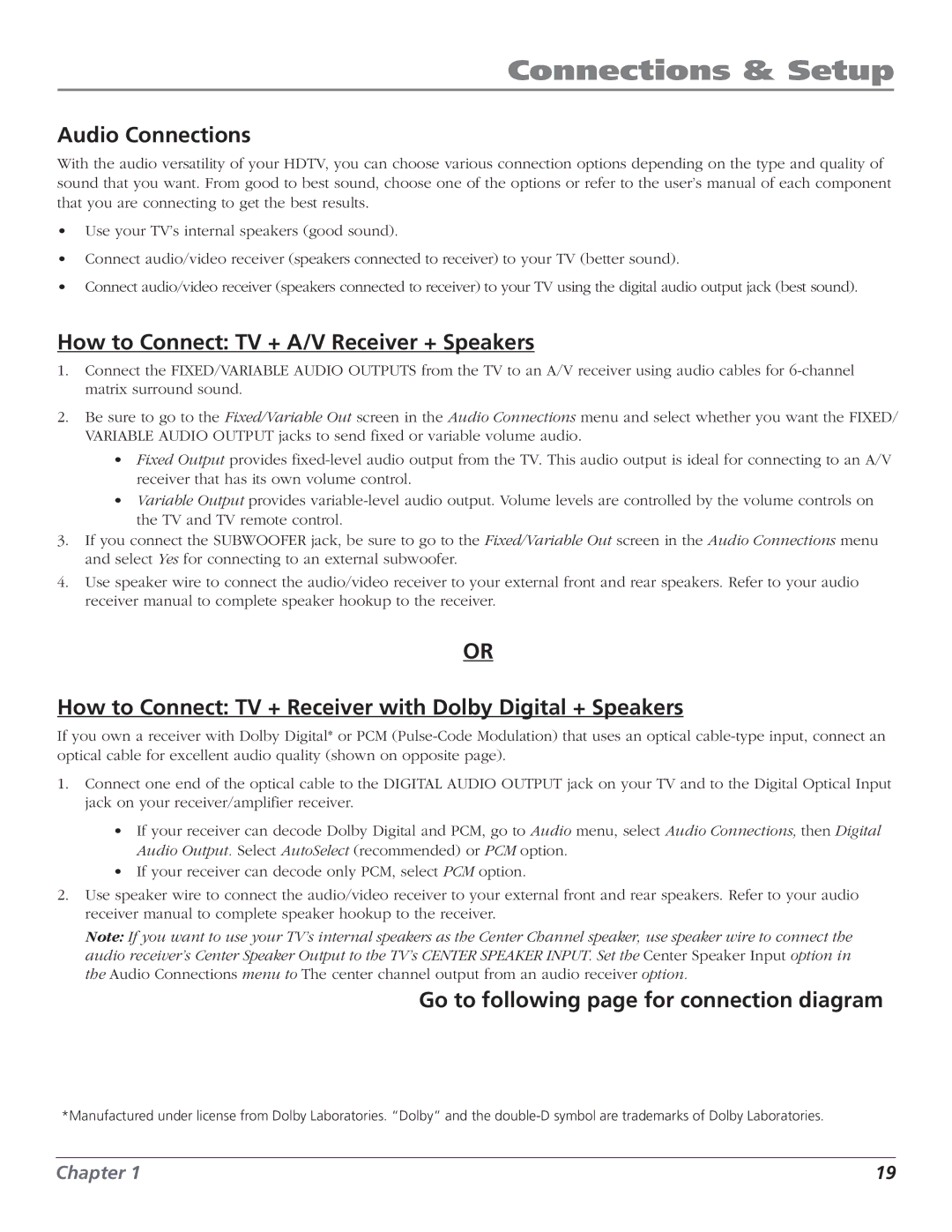 RCA HD61LPW52 Audio Connections, How to Connect TV + A/V Receiver + Speakers, Go to following page for connection diagram 