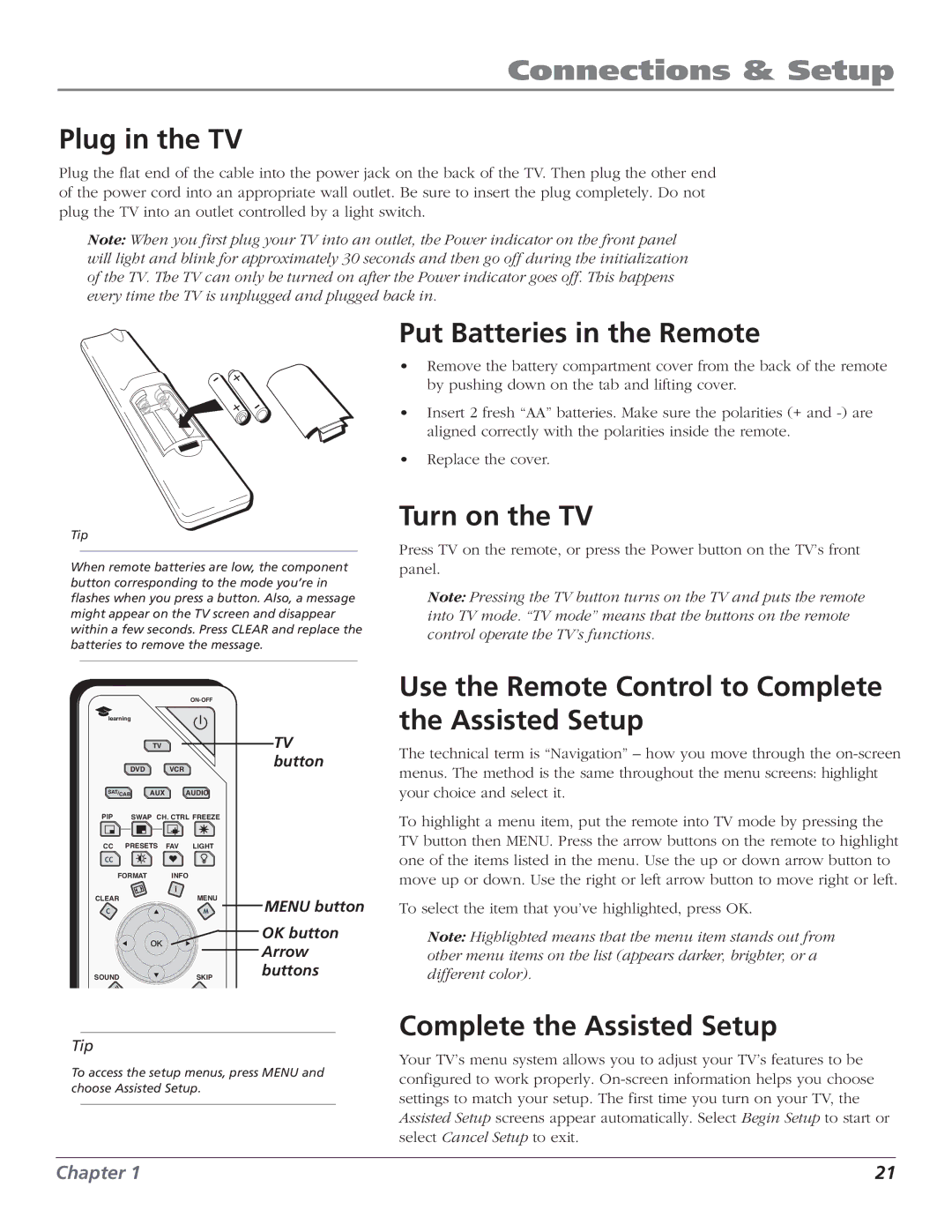 RCA HD61LPW52 manual Plug in the TV, Put Batteries in the Remote, Turn on the TV, Complete the Assisted Setup 