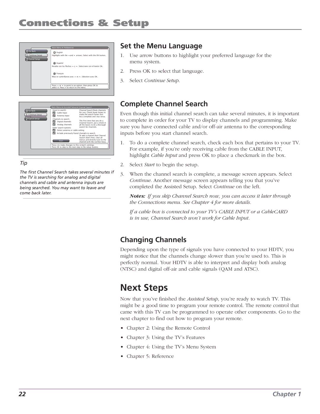 RCA HD61LPW52 manual Next Steps, Set the Menu Language, Complete Channel Search, Changing Channels, Main Menu 