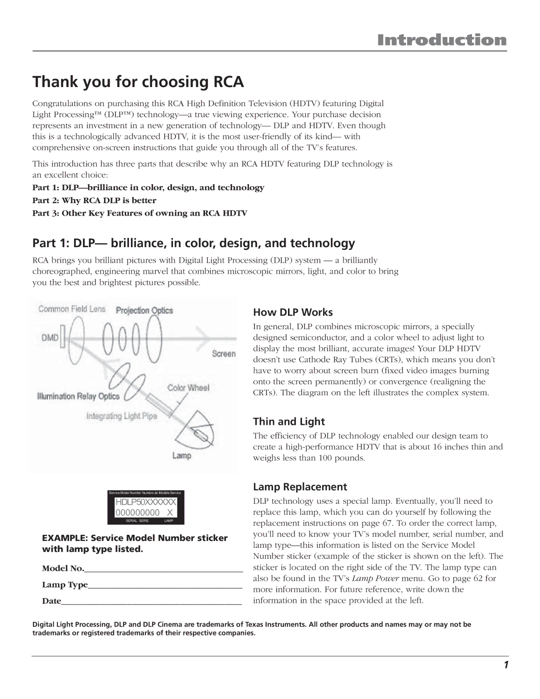 RCA HD61LPW52 manual Introduction, Thank you for choosing RCA, Part 1 DLP- brilliance, in color, design, and technology 