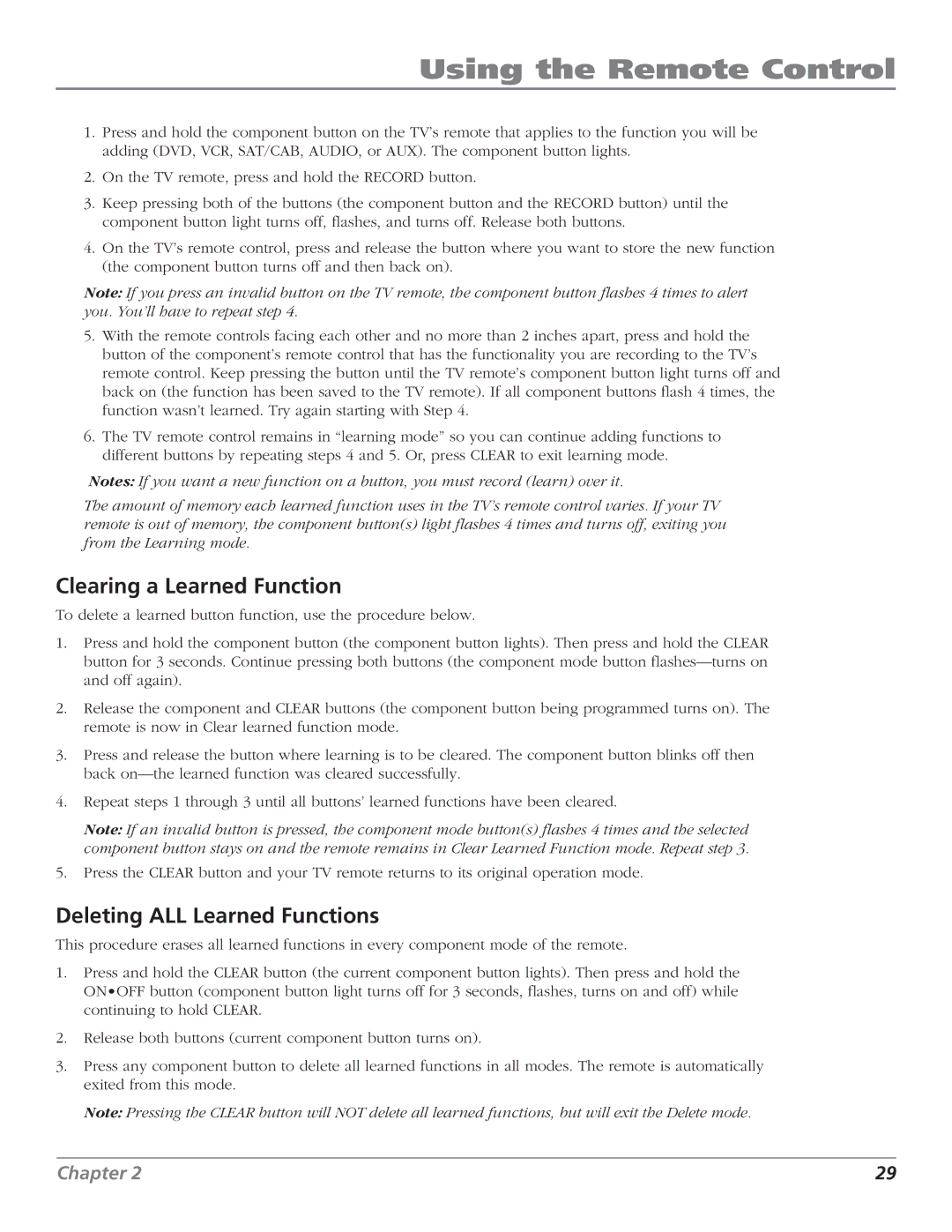 RCA HD61LPW52 manual Clearing a Learned Function, Deleting ALL Learned Functions 