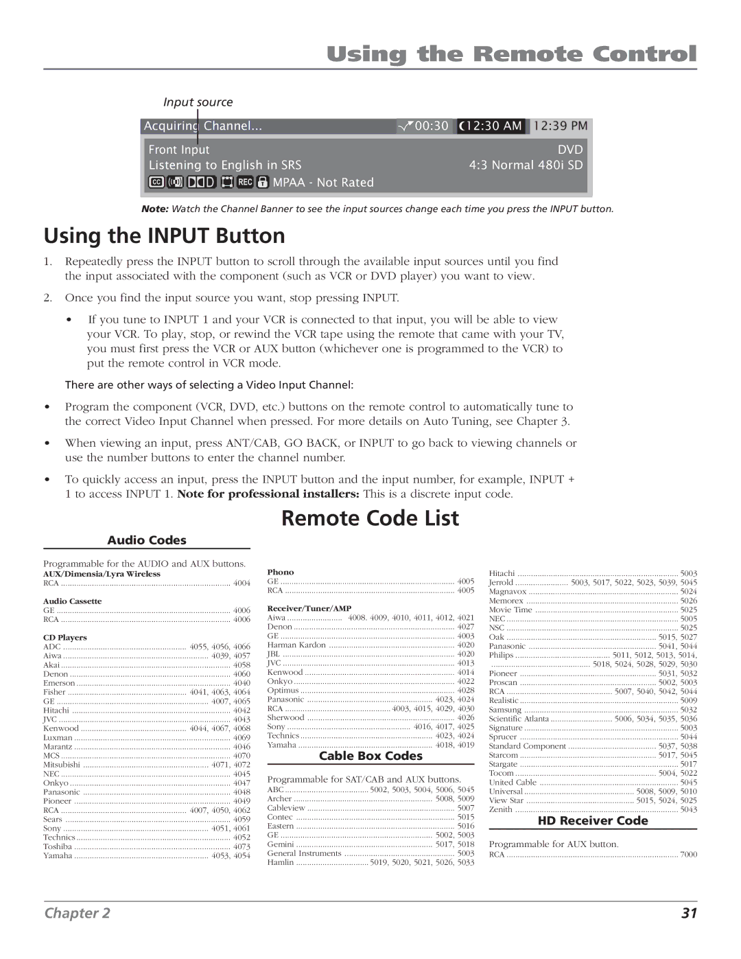 RCA HD61LPW52 manual Using the Input Button, Remote Code List, Audio Codes, Cable Box Codes, HD Receiver Code 