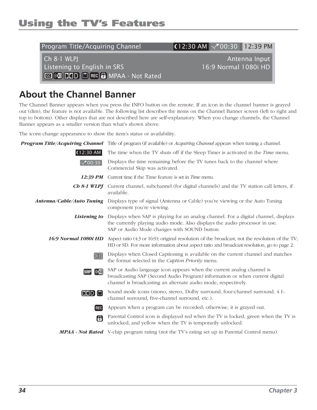 RCA HD61LPW52 manual Using the TV’s Features, About the Channel Banner 