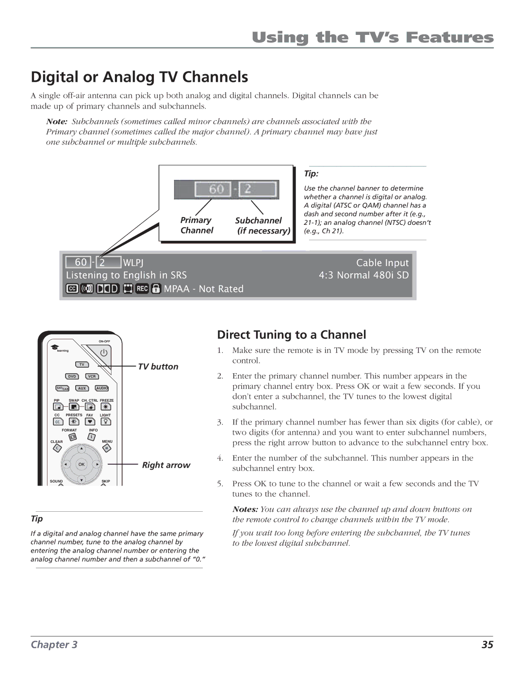 RCA HD61LPW52 manual Digital or Analog TV Channels, Direct Tuning to a Channel 