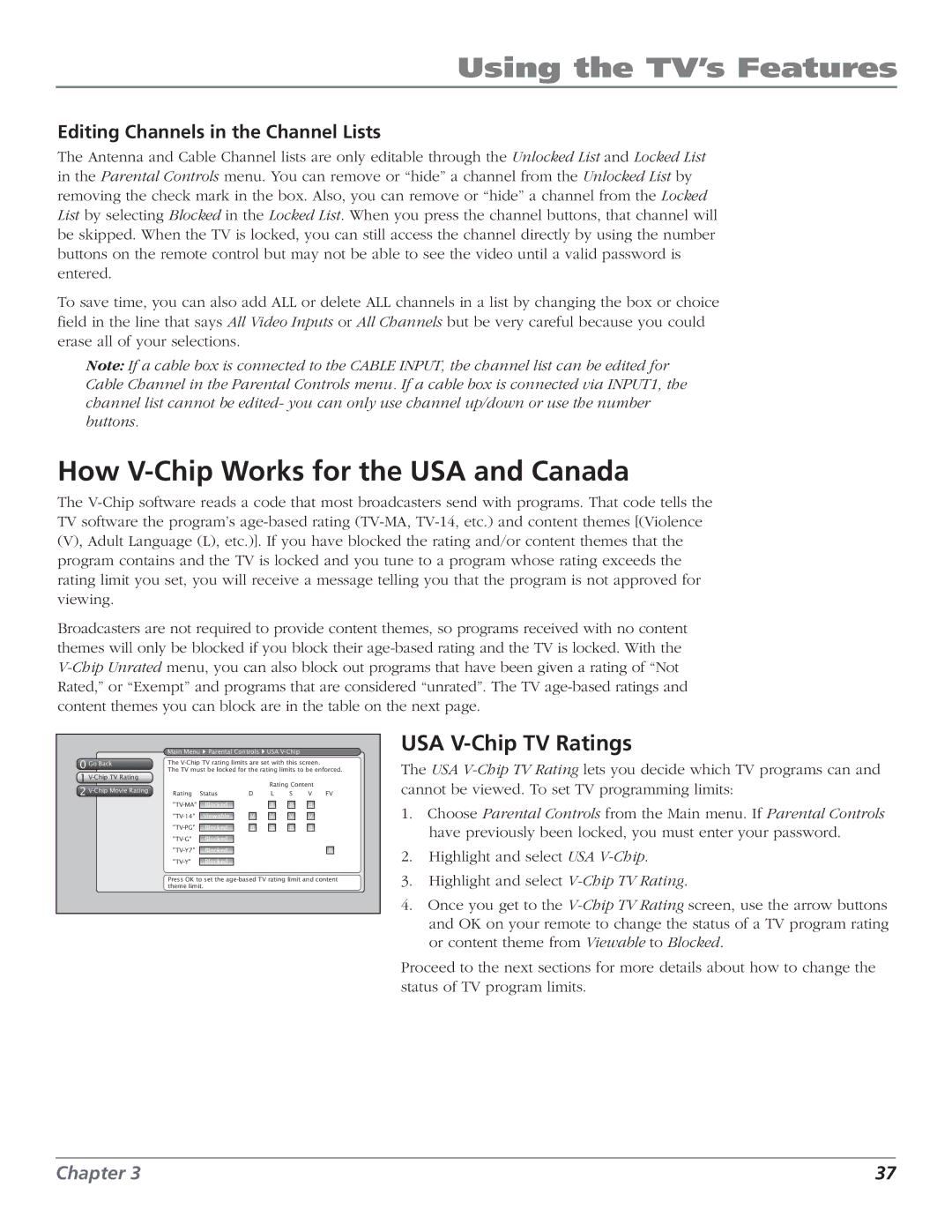 RCA HD61LPW52 manual How V-Chip Works for the USA and Canada, USA V-Chip TV Ratings, Editing Channels in the Channel Lists 