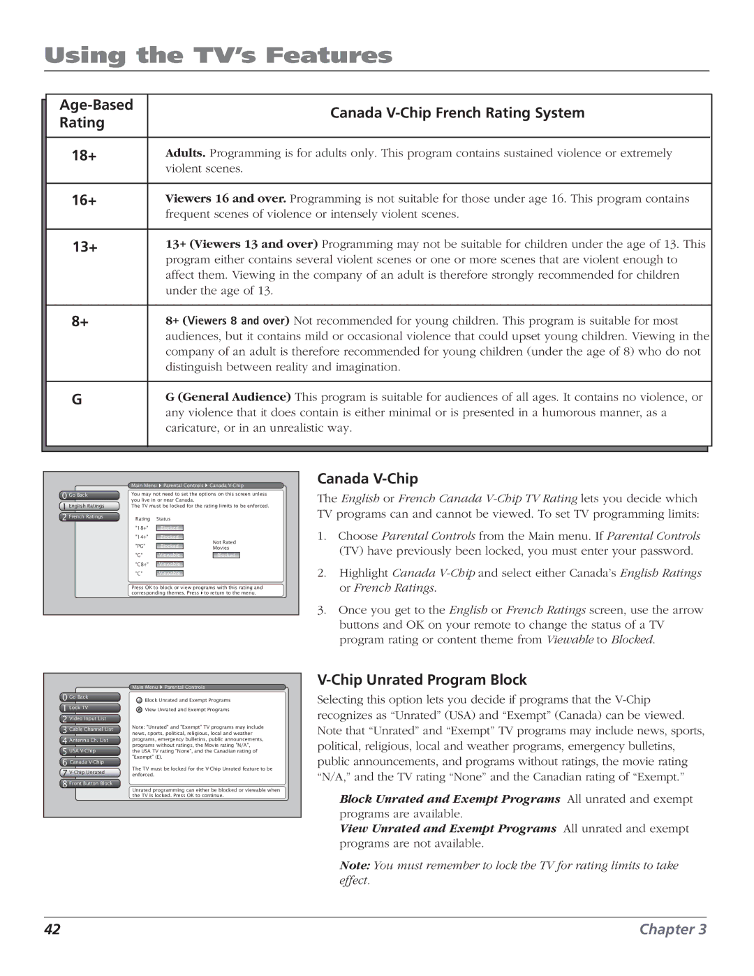 RCA HD61LPW52 manual Age-Based Canada V-Chip French Rating System 18+, 16+, 13+, Chip Unrated Program Block 