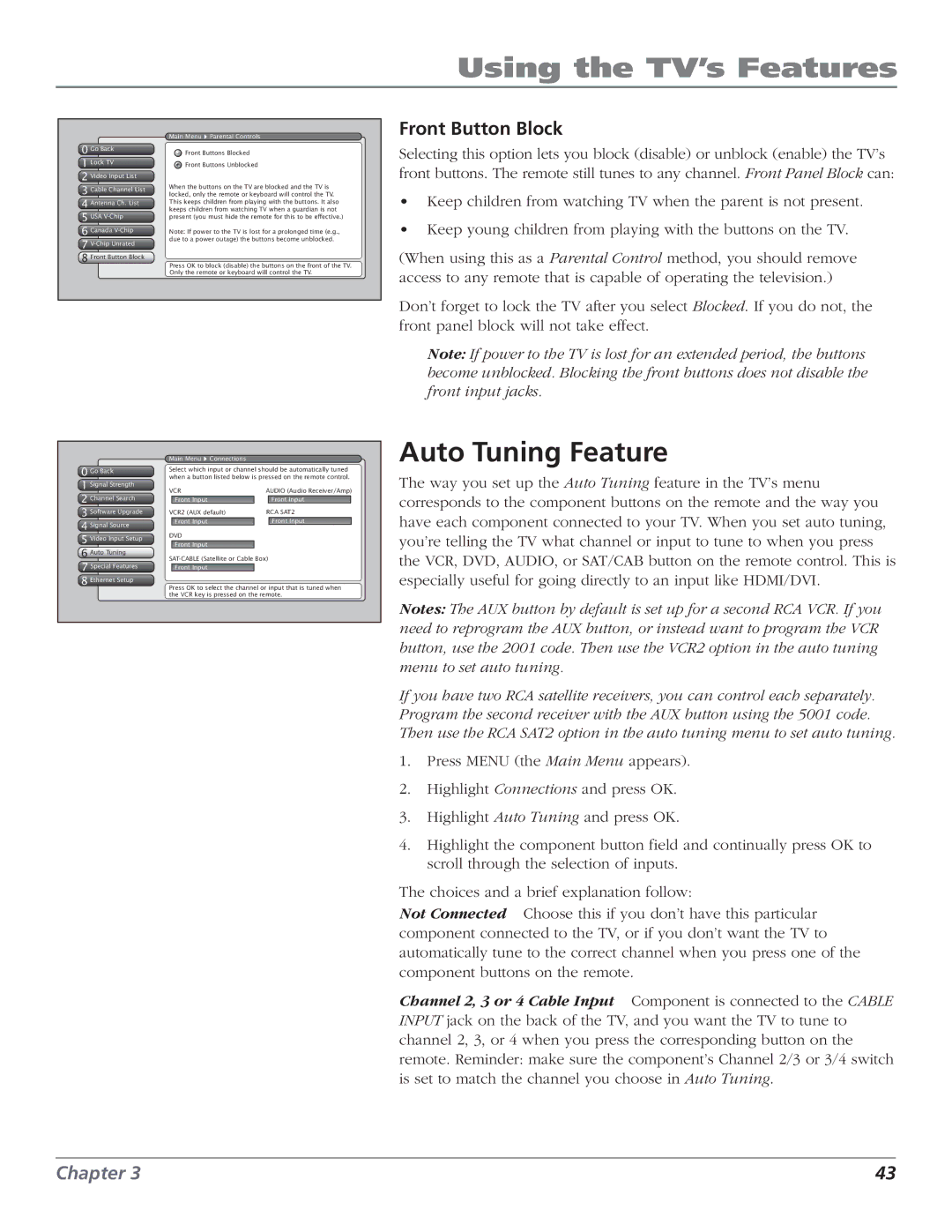 RCA HD61LPW52 manual Auto Tuning Feature, Front Button Block 