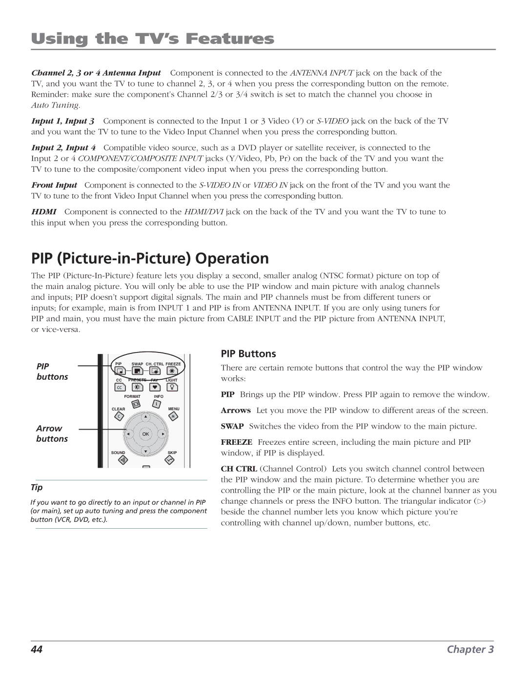 RCA HD61LPW52 manual PIP Picture-in-Picture Operation, PIP Buttons 